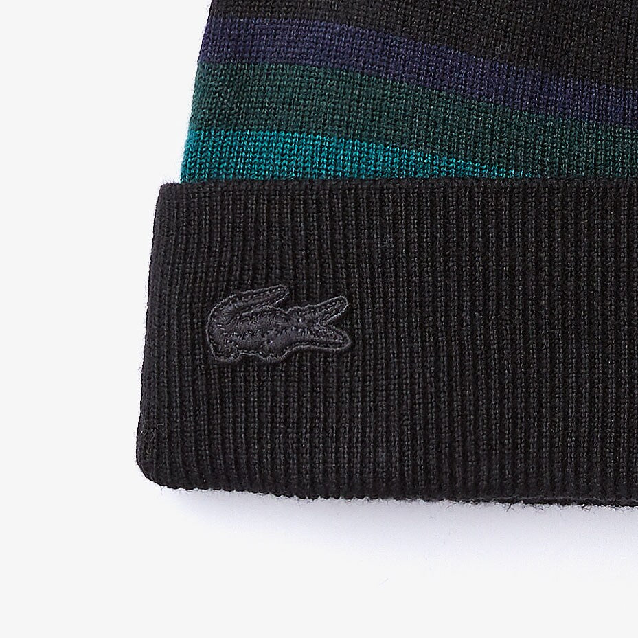 Mens Wo  Striped Wool Jersey Beanie | Lacoste Black / Navy Blue / Green • 3Ra