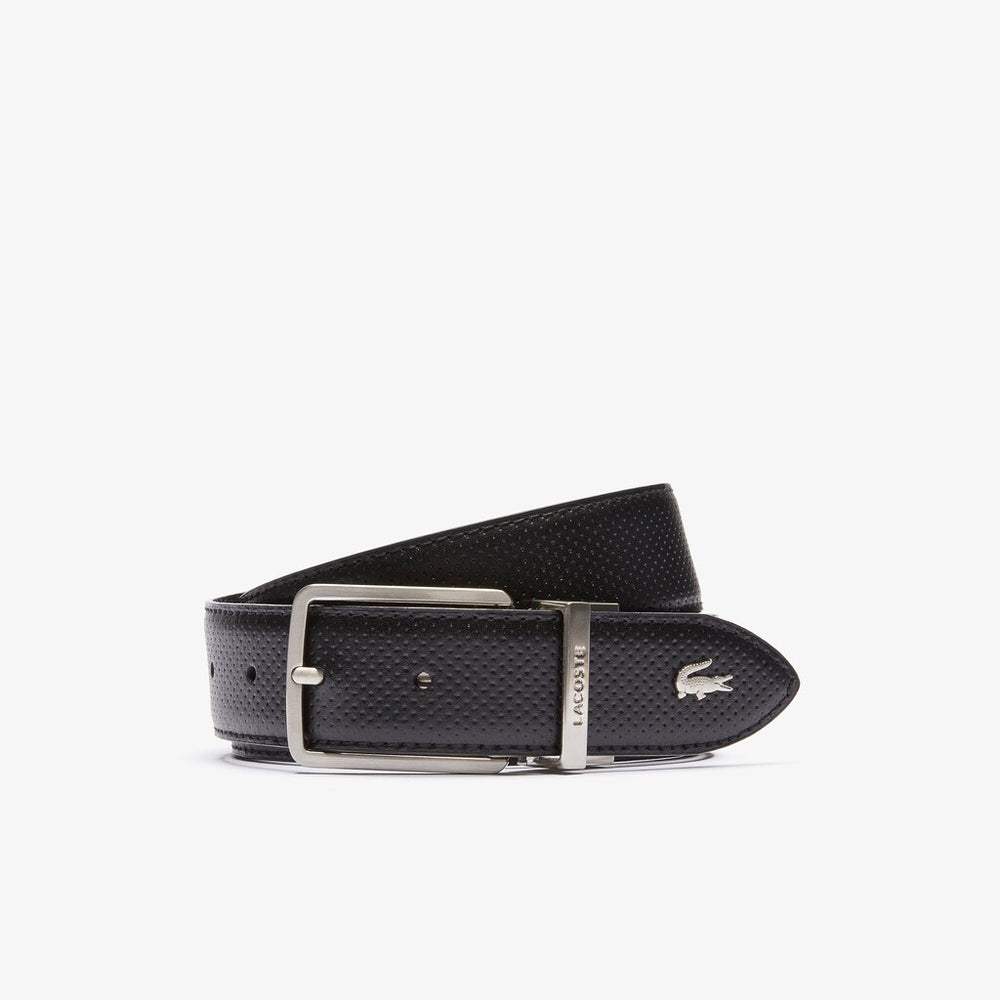 Mens   Engraved-Buckle Reversible Piqué Leather Belt | Lacoste Black • 000