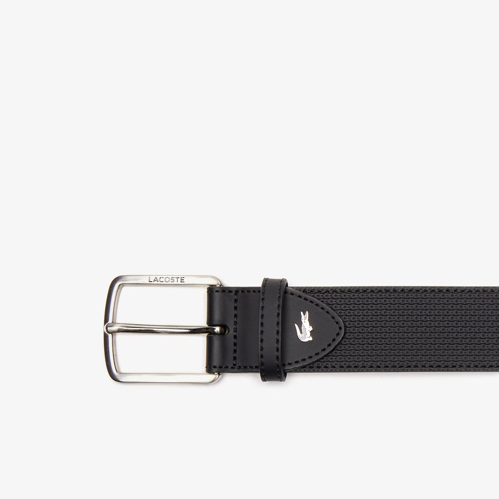 Mens   Engraved-Buckle Texturized Leather Belt | Lacoste Black • 000