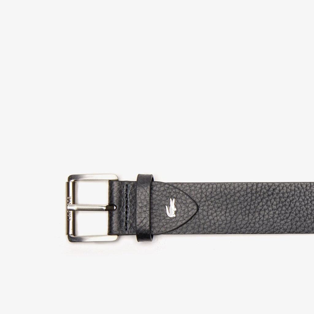 Mens   Engraved Rolling Buckle Grained Leather Belt | Lacoste Black • 000