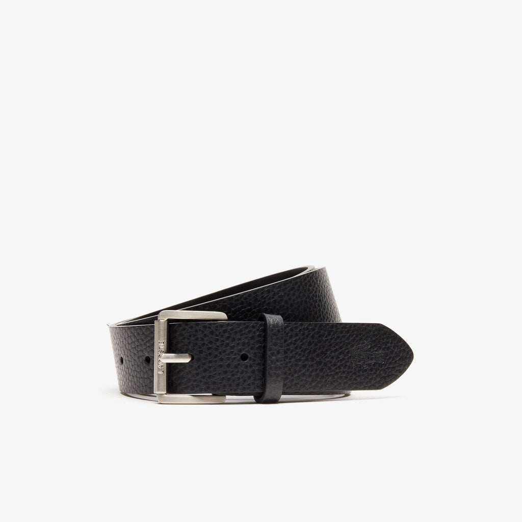 Mens   Engraved Rolling Buckle Grained Leather Belt | Lacoste Black • 000