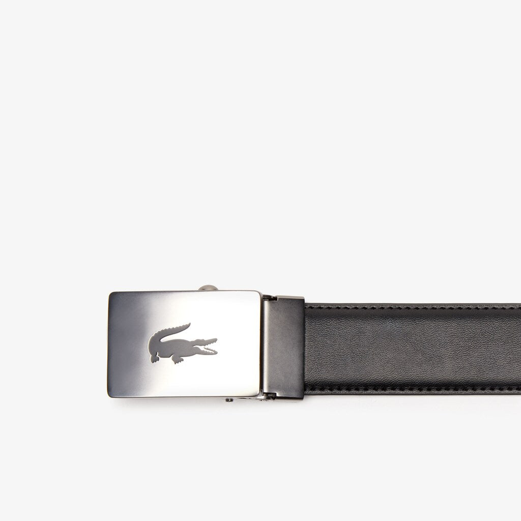 Mens   Lacoste Engraved Plate Buckle Leather Belt | Lacoste Black • 000