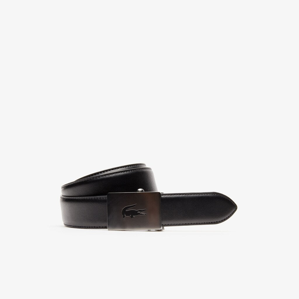 Mens   Lacoste Engraved Plate Buckle Leather Belt | Lacoste Black • 000