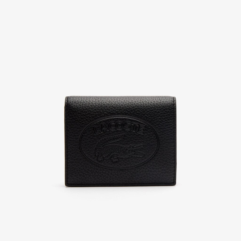 Womens Wo  Croco Crew Grained Leather Bi-fold Wallet with Coin Purse | Lacoste Black • 000