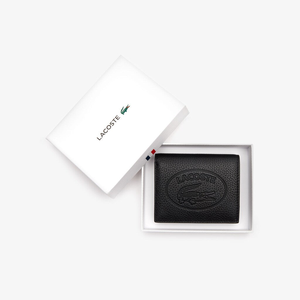 Womens Wo  Croco Crew Grained Leather Bi-fold Wallet with Coin Purse | Lacoste Black • 000