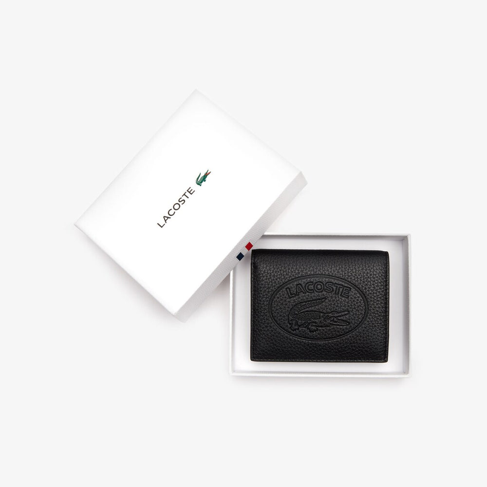 Womens Wo  Croco Crew Grained Leather Bi-fold Wallet with Coin Purse | Lacoste Black • 000