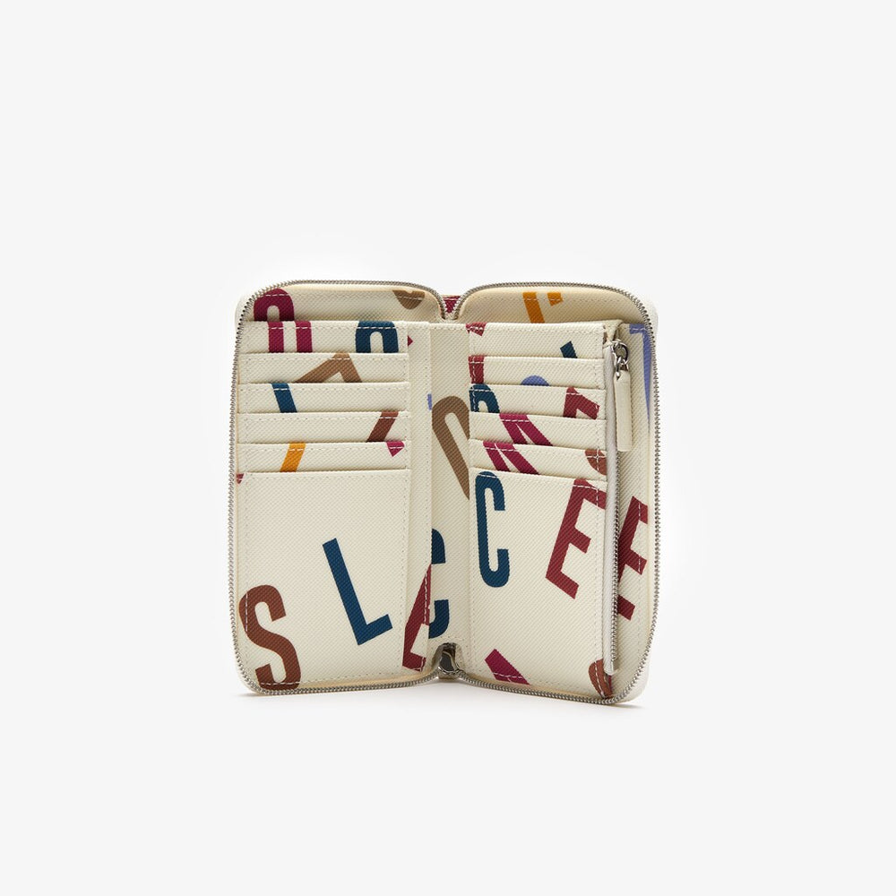Womens Wo  Daily Classic Printed Coated Canvas Wristlet Wallet | Lacoste Alphabet Egret • C89