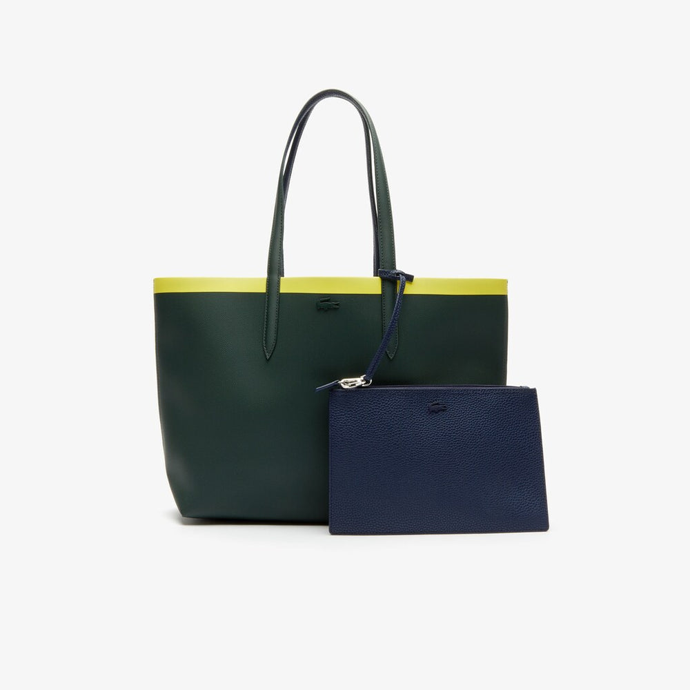 Womens Wo  Anna Reversible Contrast Band Coated Canvas Tote Bag | Lacoste Scarab Peacoat Green Shee • D04