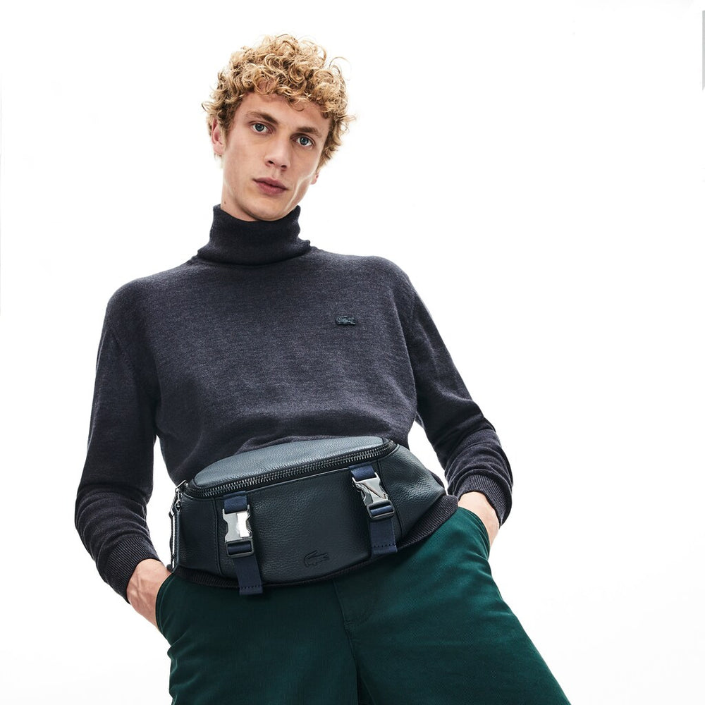 Mens   Altitude Grained Leather Zip Fanny Pack | Lacoste Phantom Dark Sapphire • C54
