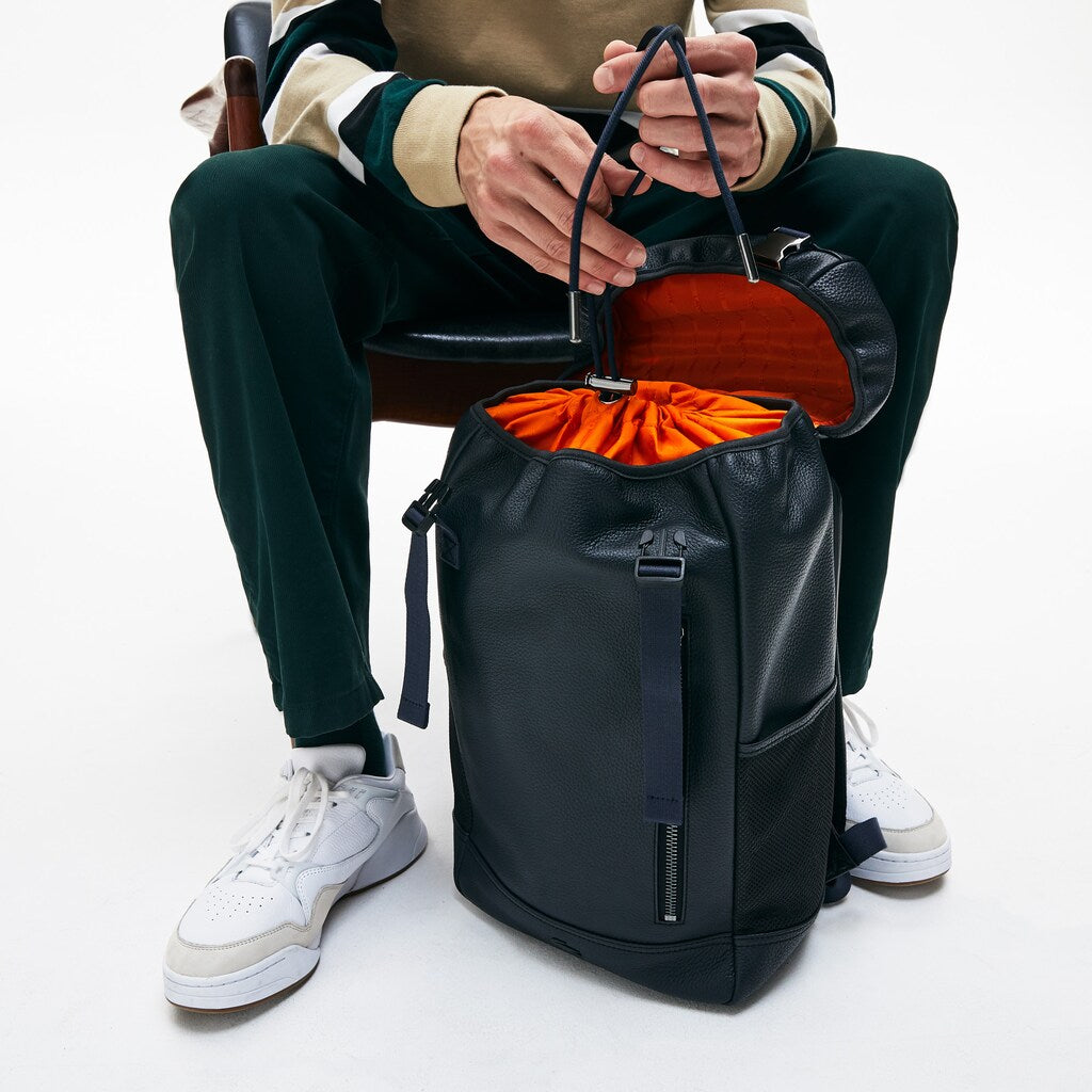 Mens   Altitude Grained Leather Flap Backpack | Lacoste Phantom Dark Sapphire • C54