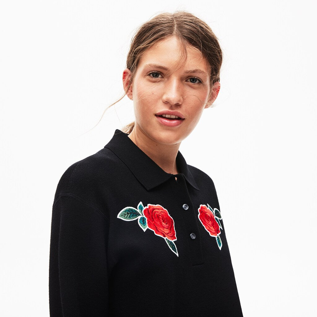 Womens Wo  LIVE Rose-Embroidered Cropped Sweater | Lacoste Black • 031