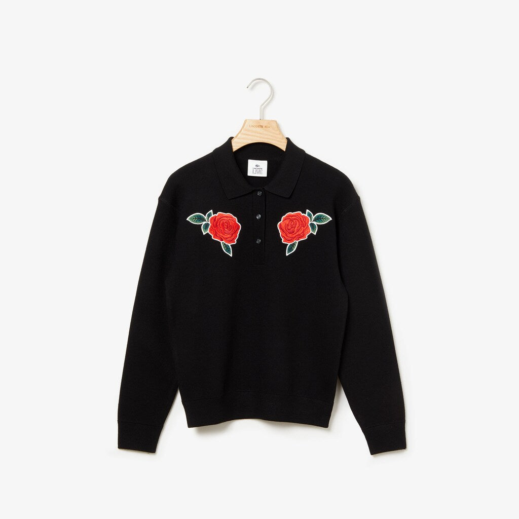 Womens Wo  LIVE Rose-Embroidered Cropped Sweater | Lacoste Black • 031