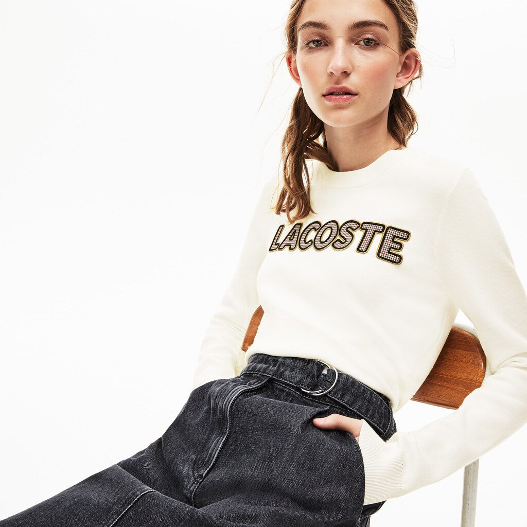 Womens Wo  Crewneck Checkerd-Logo Cotton Sweater | Lacoste White • 70V