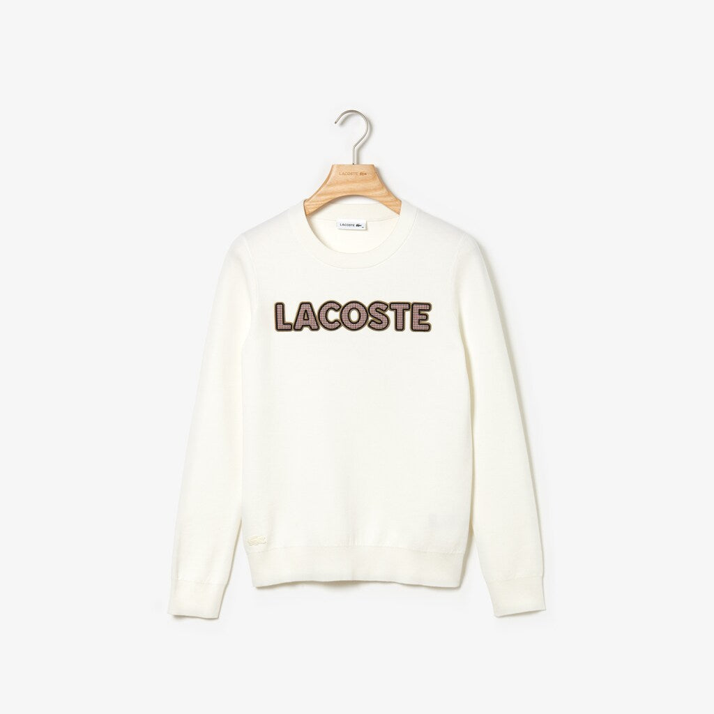 Womens Wo  Crewneck Checkerd-Logo Cotton Sweater | Lacoste White • 70V