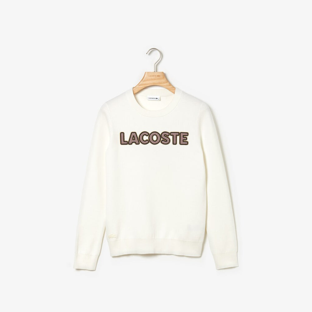 Womens Wo  Crewneck Checkerd-Logo Cotton Sweater | Lacoste White • 70V