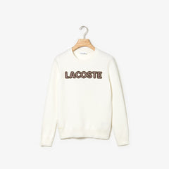 Womens Wo  Crewneck Checkerd-Logo Cotton Sweater | Lacoste White • 70V