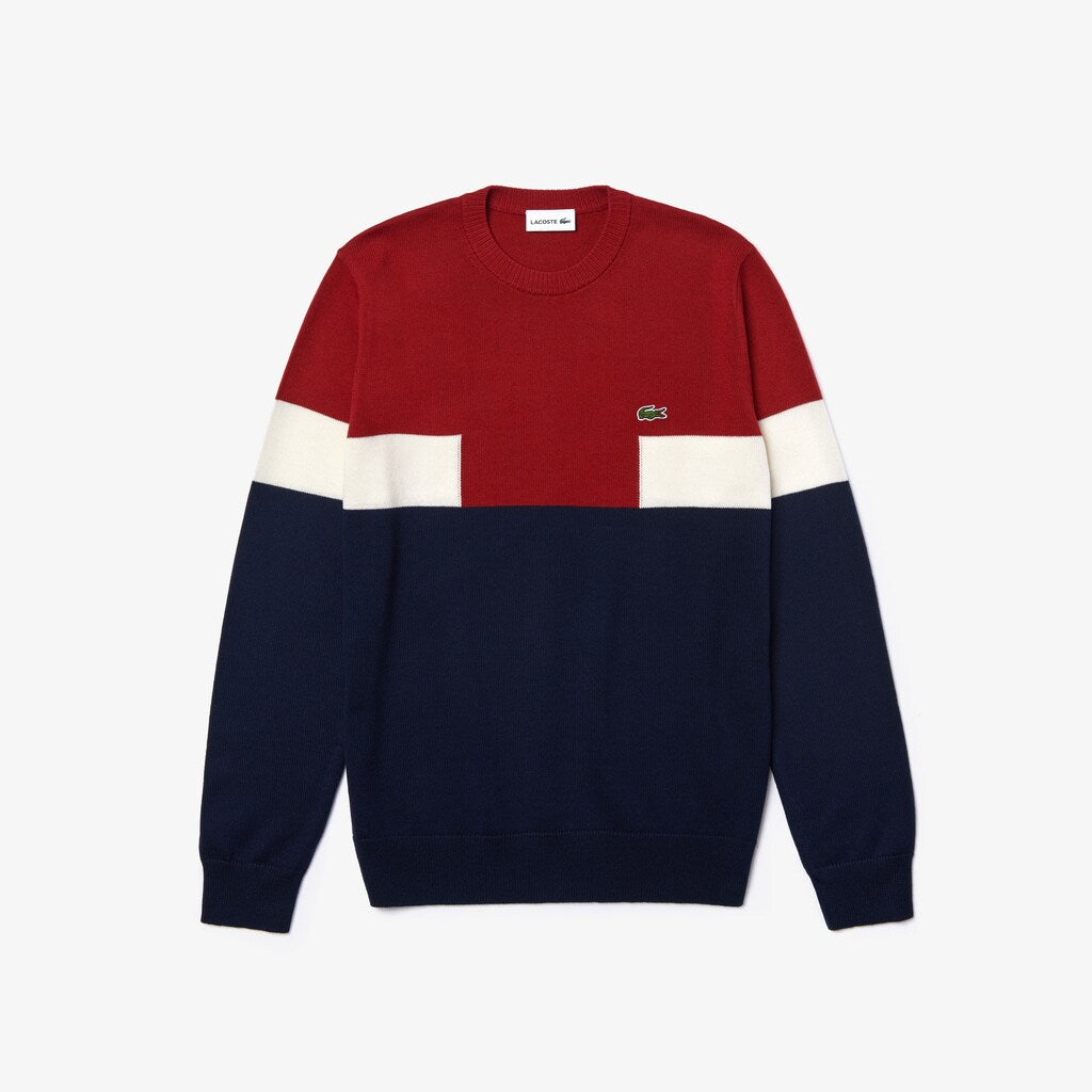 Mens   Crew Neck Colorblock Wool And Cotton Blend Sweater | Lacoste Navy Blue / Bordeaux / White • Zdr