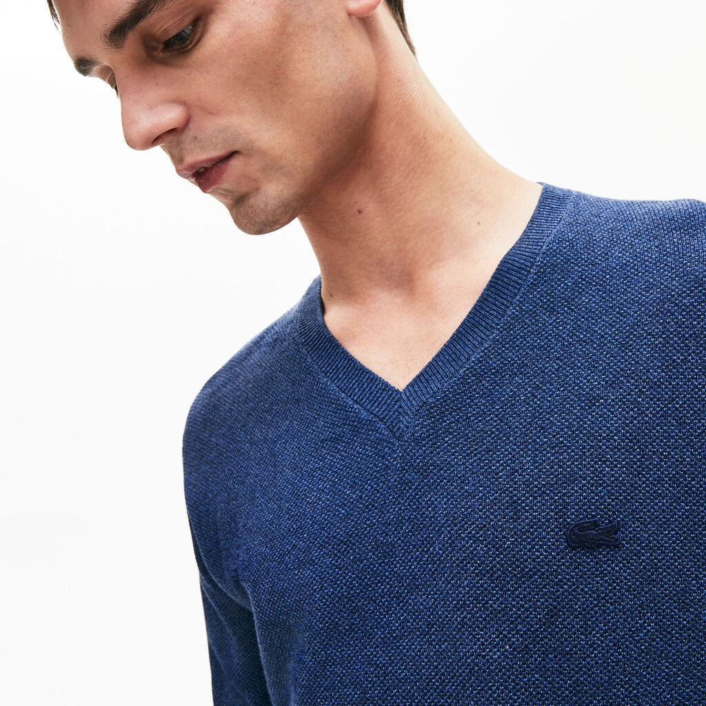 Mens   V-neck Cotton Piqué Sweater | Lacoste Blue Chine • 3Gf