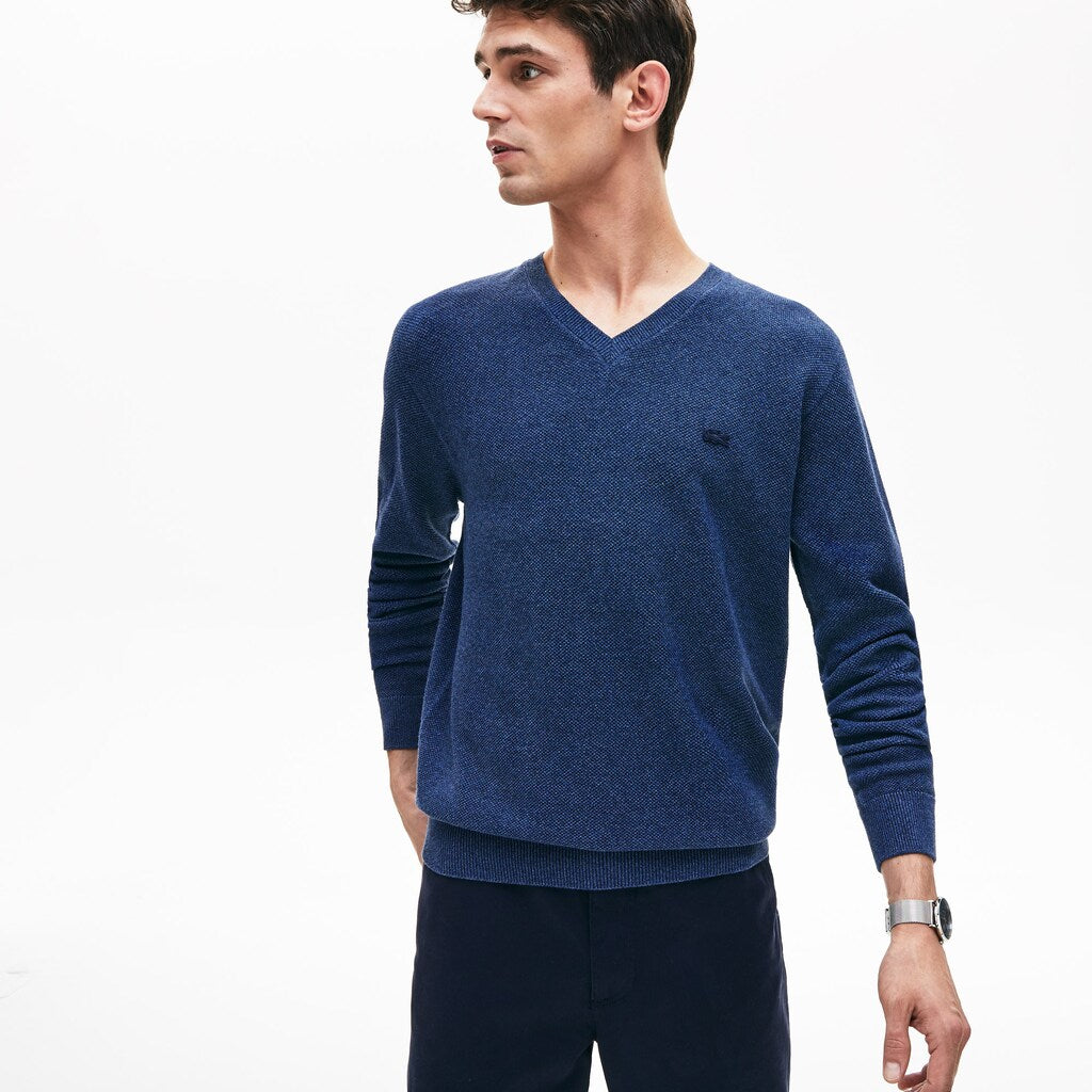Mens   V-neck Cotton Piqué Sweater | Lacoste Blue Chine • 3Gf