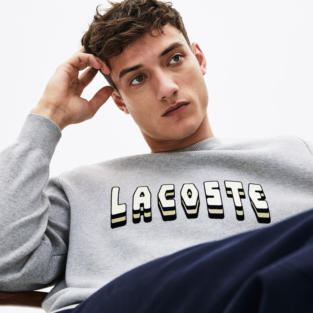 Mens   3D-Lettering Crewneck Cotton Blend Sweater | Lacoste Grey Chine • Cca