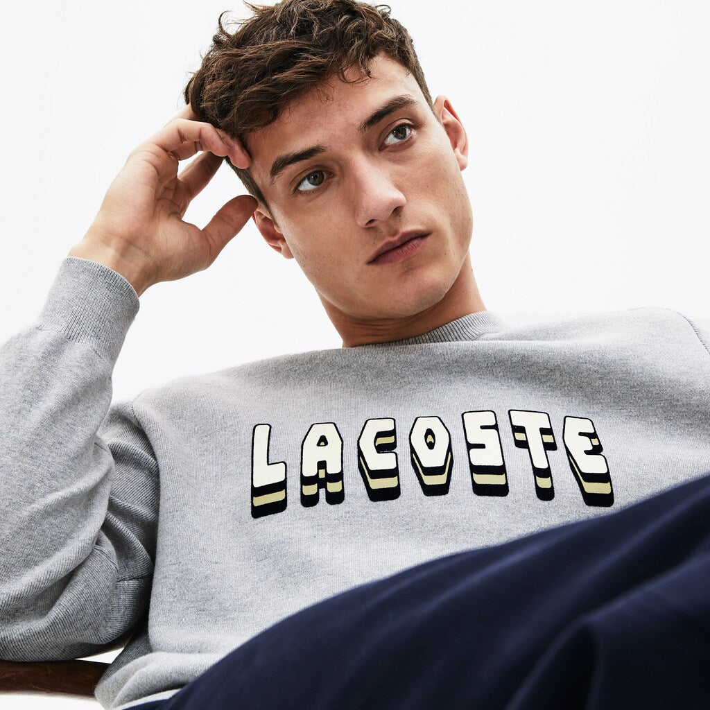 Mens   3D-Lettering Crewneck Cotton Blend Sweater | Lacoste Grey Chine • Cca