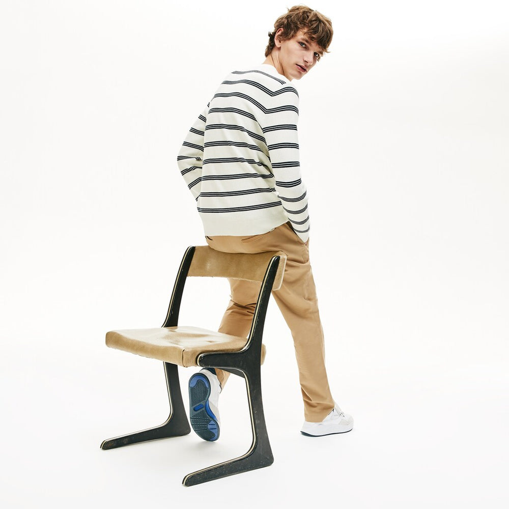 Mens   Crewneck Pinstriped Wool and Cotton Sweater | Lacoste White / Navy Blue • Ev0