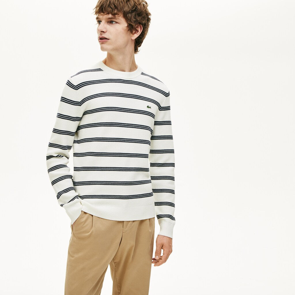 Mens   Crewneck Pinstriped Wool and Cotton Sweater | Lacoste White / Navy Blue • Ev0
