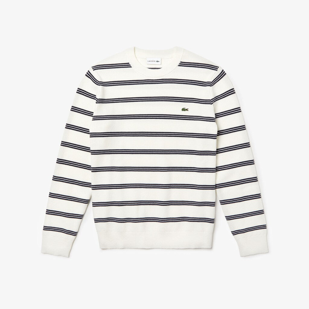 Mens   Crewneck Pinstriped Wool and Cotton Sweater | Lacoste White / Navy Blue • Ev0