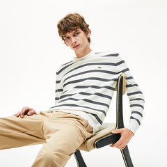 Mens   Crewneck Pinstriped Wool and Cotton Sweater | Lacoste White / Navy Blue • Ev0