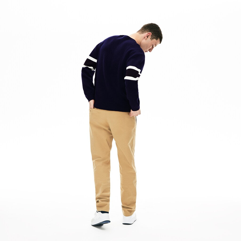 Mens   Crewneck Striped-Sleeve Heathered Jacquard Sweater | Lacoste Navy Blue / Black / White / Yellow • 0W4