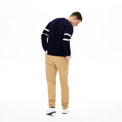 Mens   Crewneck Striped-Sleeve Heathered Jacquard Sweater | Lacoste Navy Blue / Black / White / Yellow • 0W4