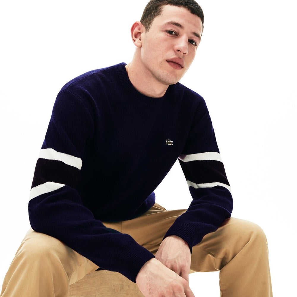 Mens   Crewneck Striped-Sleeve Heathered Jacquard Sweater | Lacoste Navy Blue / Black / White / Yellow • 0W4