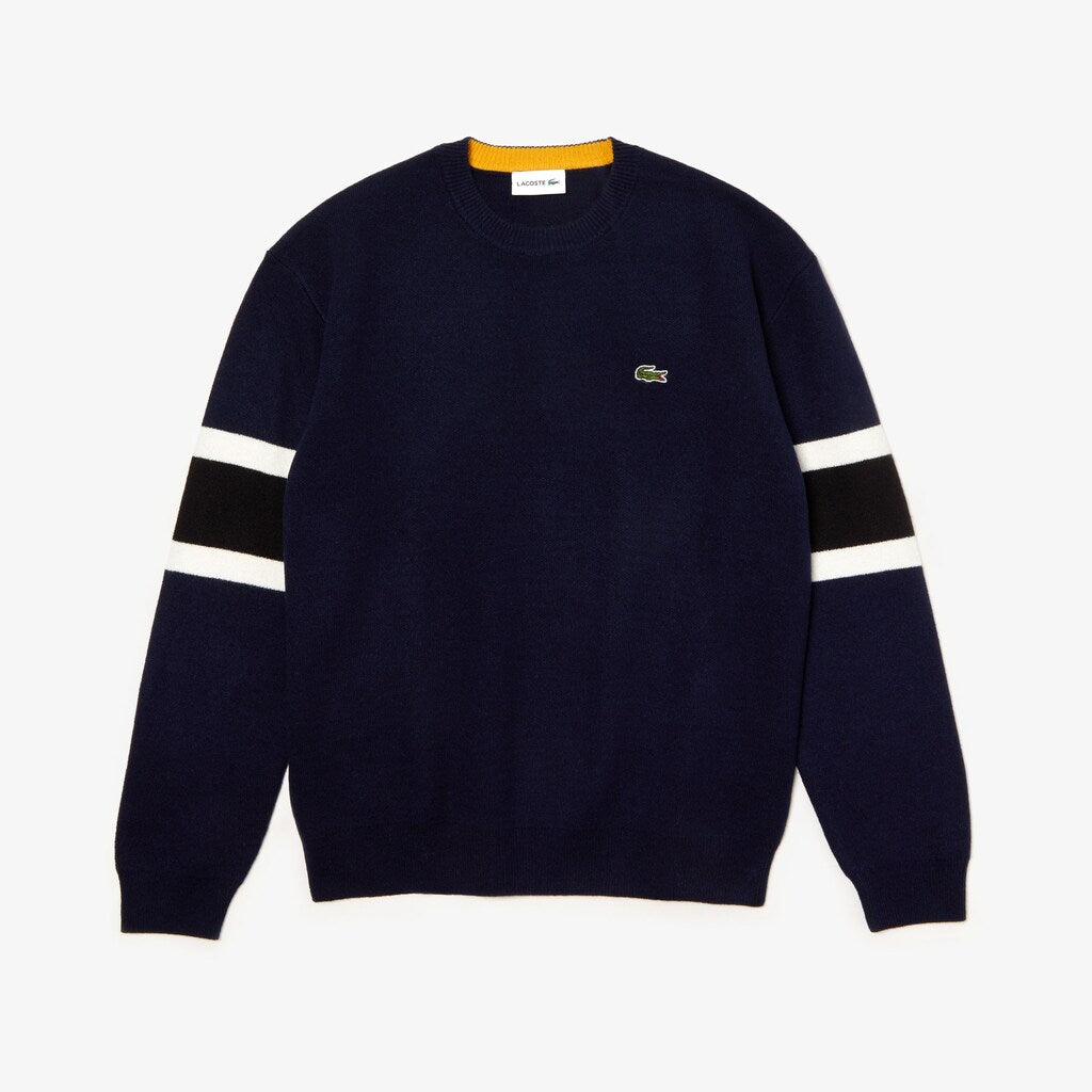 Mens   Crewneck Striped-Sleeve Heathered Jacquard Sweater | Lacoste Navy Blue / Black / White / Yellow • 0W4