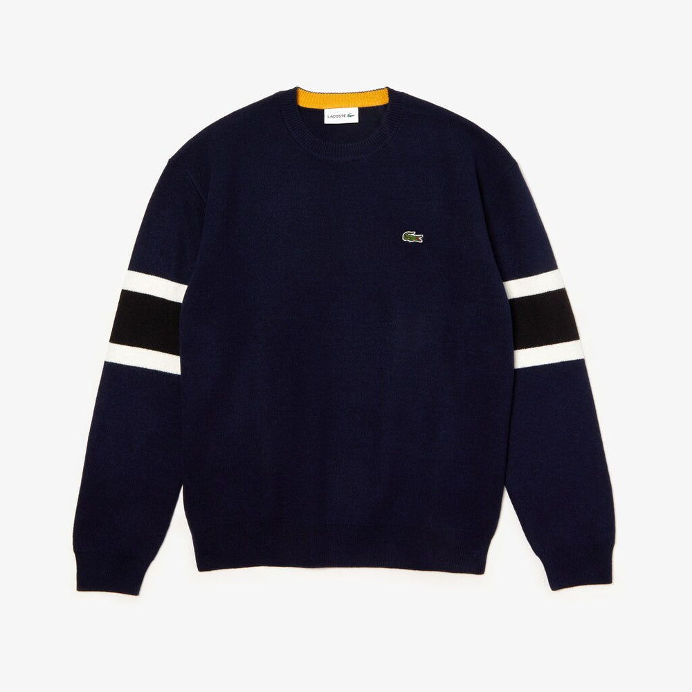 Mens   Crewneck Striped-Sleeve Heathered Jacquard Sweater | Lacoste Navy Blue / Black / White / Yellow • 0W4