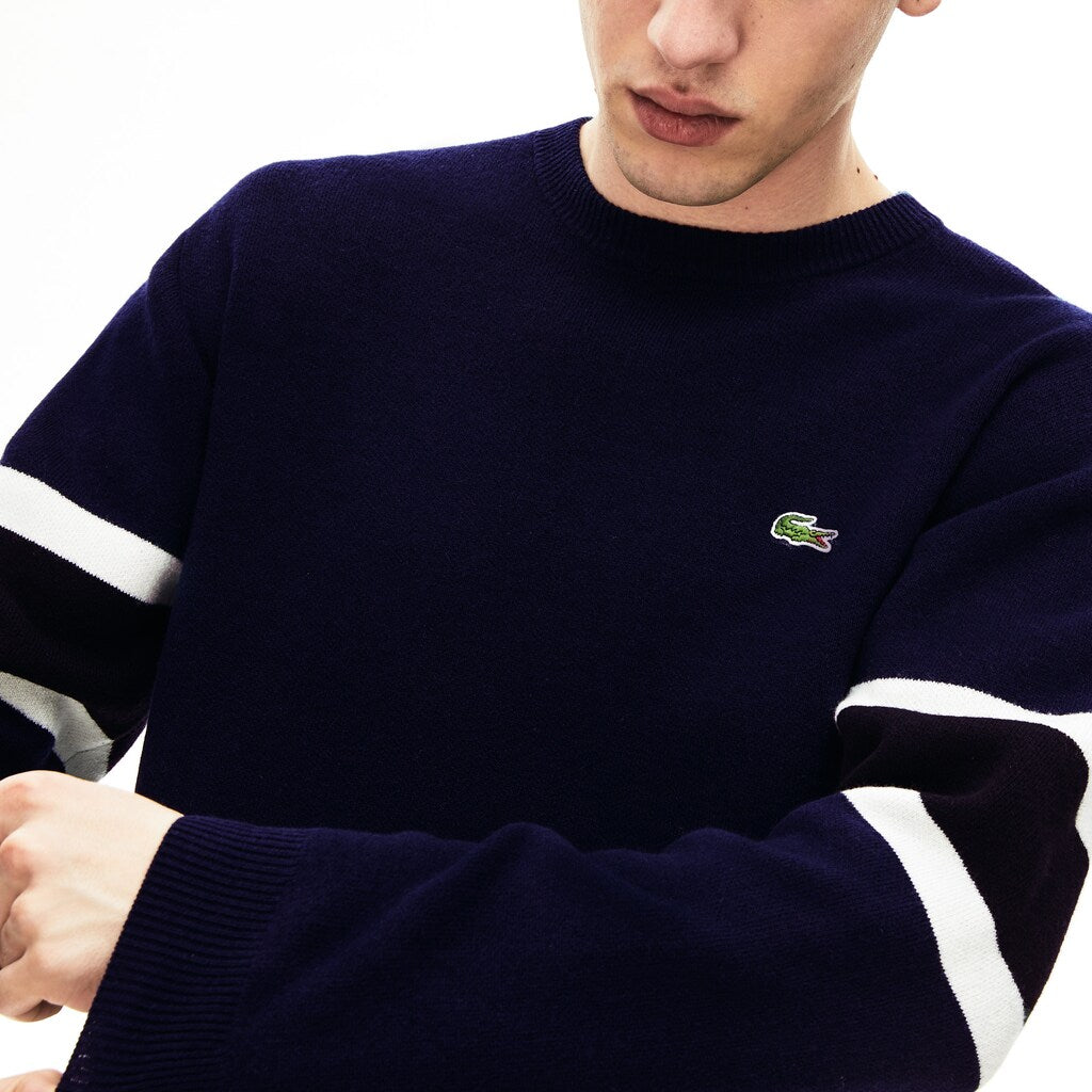 Mens   Crewneck Striped-Sleeve Heathered Jacquard Sweater | Lacoste Navy Blue / Black / White / Yellow • 0W4