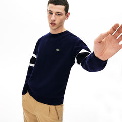 Mens   Crewneck Striped-Sleeve Heathered Jacquard Sweater | Lacoste Navy Blue / Black / White / Yellow • 0W4