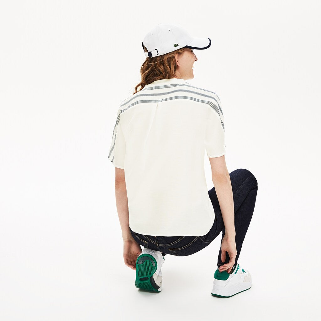 Womens Wo  Striped Panel Lightweight Canvas T-shirt | Lacoste White / Navy Blue / Blue • 1A7