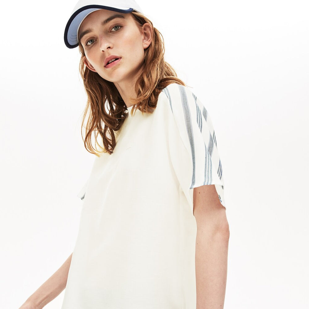 Womens Wo  Striped Panel Lightweight Canvas T-shirt | Lacoste White / Navy Blue / Blue • 1A7