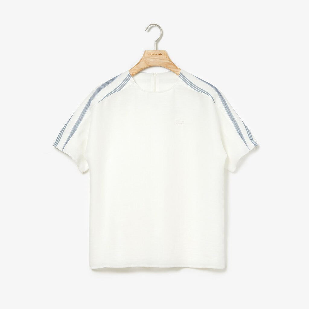 Womens Wo  Striped Panel Lightweight Canvas T-shirt | Lacoste White / Navy Blue / Blue • 1A7