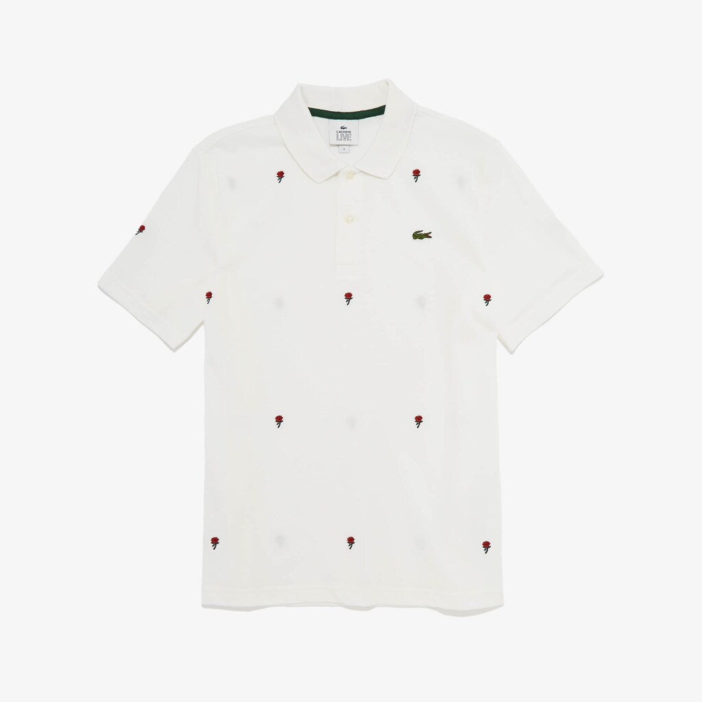 Mens   LIVE Classic Fit Rose Embroidery Cotton Piqué Polo | Lacoste White • 2Cq