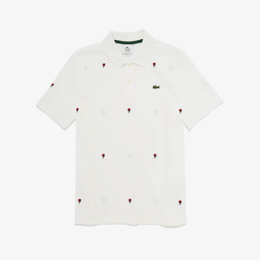 Mens   LIVE Classic Fit Rose Embroidery Cotton Piqué Polo | Lacoste White • 2Cq