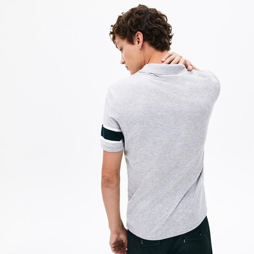 Mens   Slim Fit Striped-Sleeve Stretch Cotton Piqué Polo Shirt | Lacoste Grey Chine / White / Green • 2A9