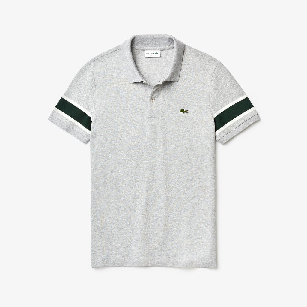 Mens   Slim Fit Striped-Sleeve Stretch Cotton Piqué Polo Shirt | Lacoste Grey Chine / White / Green • 2A9