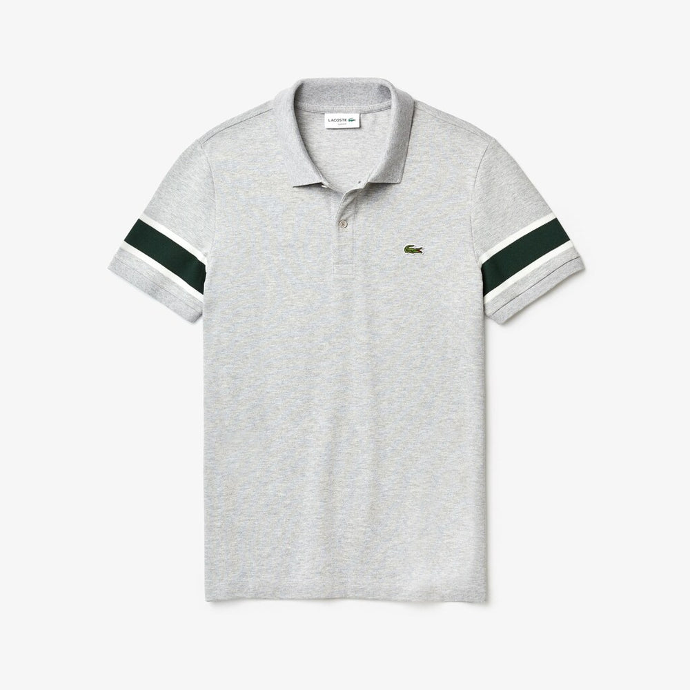 Mens   Slim Fit Striped-Sleeve Stretch Cotton Piqué Polo Shirt | Lacoste Grey Chine / White / Green • 2A9