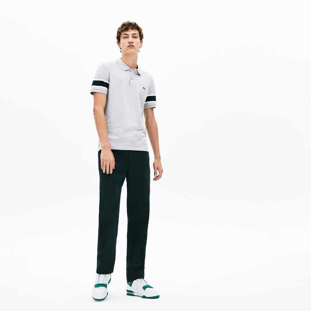 Mens   Slim Fit Striped-Sleeve Stretch Cotton Piqué Polo Shirt | Lacoste Grey Chine / White / Green • 2A9