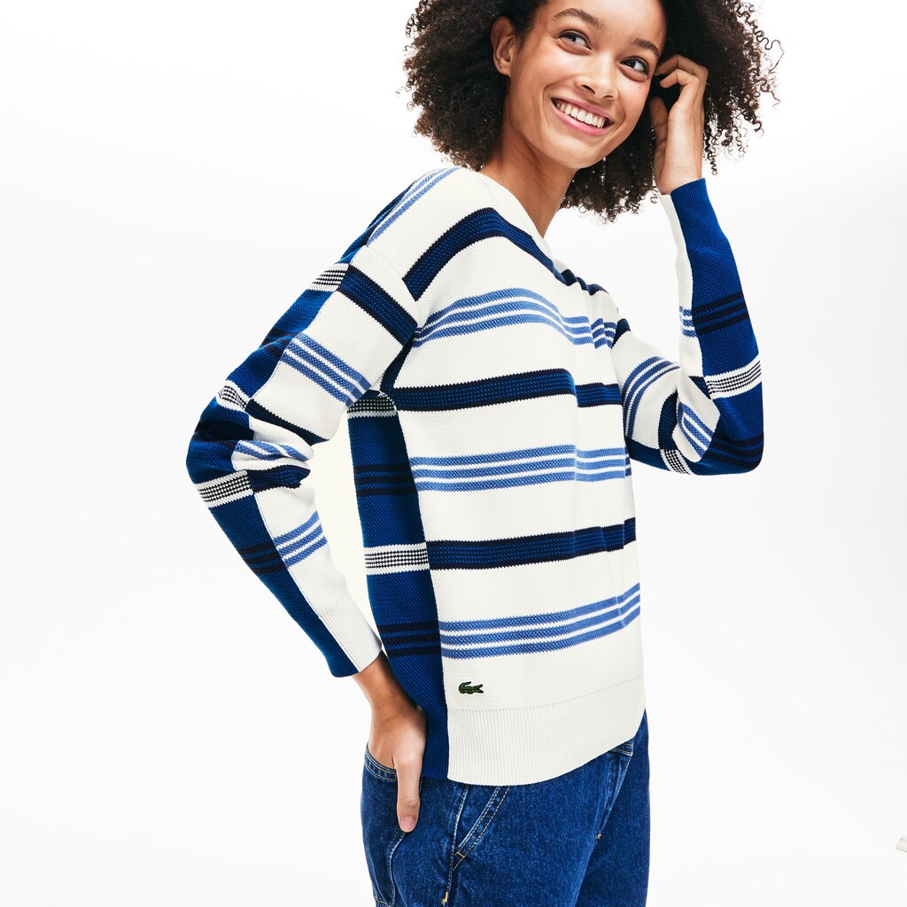 Womens Wo  Crewneck Striped Piqué And Jersey Sweater | Lacoste White / Navy Blue / Blue • 16B