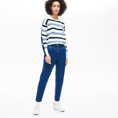 Womens Wo  Crewneck Striped Piqué And Jersey Sweater | Lacoste White / Navy Blue / Blue • 16B