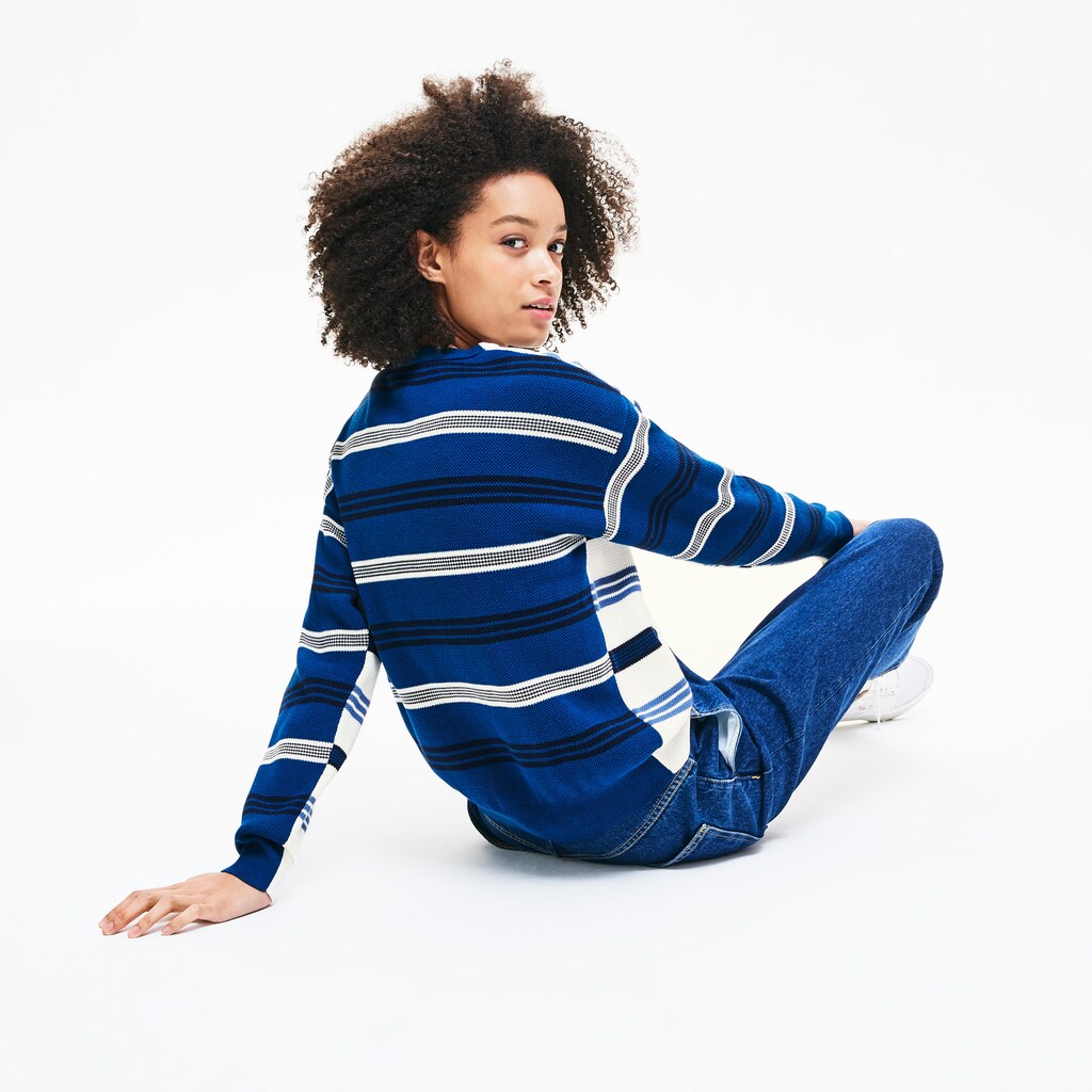 Womens Wo  Crewneck Striped Piqué And Jersey Sweater | Lacoste White / Navy Blue / Blue • 16B