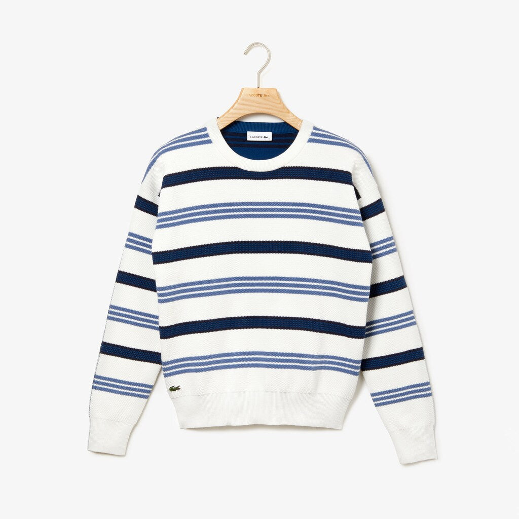 Womens Wo  Crewneck Striped Piqué And Jersey Sweater | Lacoste White / Navy Blue / Blue • 16B