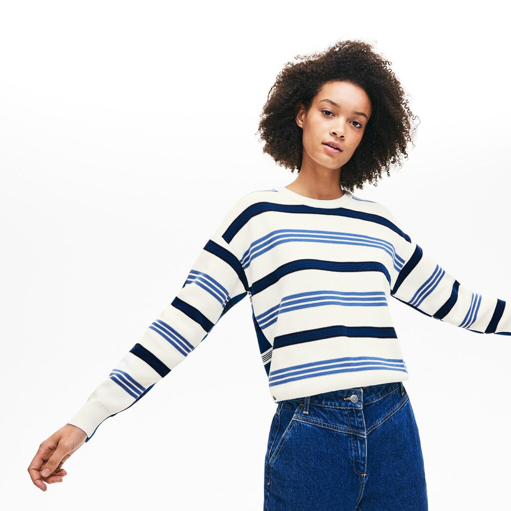 Womens Wo  Crewneck Striped Piqué And Jersey Sweater | Lacoste White / Navy Blue / Blue • 16B